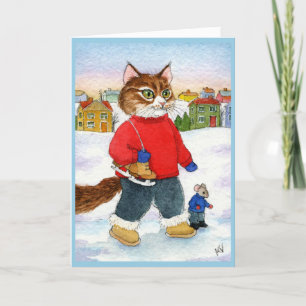 Cute Cat Mouse Skater Winter Holiday card
