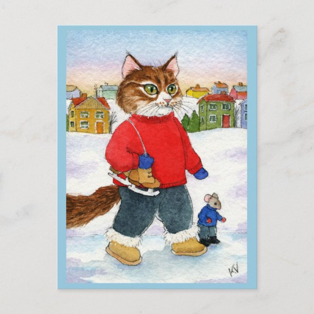 Cute cat mouse skater winter nature postcard (Front)