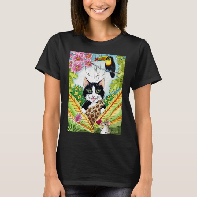 Cute Cat mouse toucan orchid jungle  tee shirt (Front)
