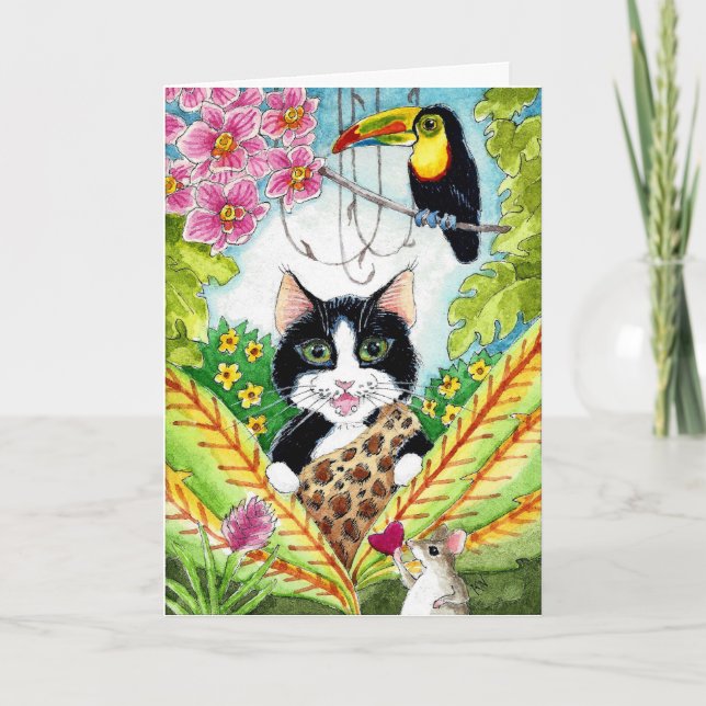 Cute cat mouse toucan orchids any occasion card (Front)