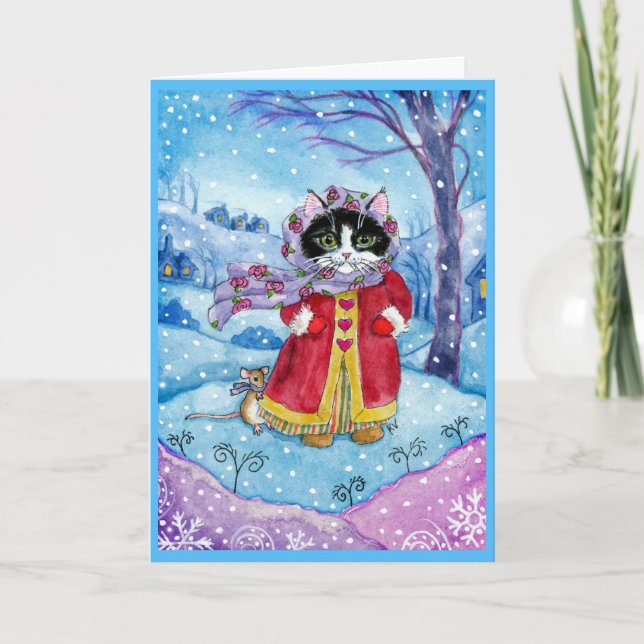Cute Cat Mouse Winter Valentine Holiday Love card (Front)