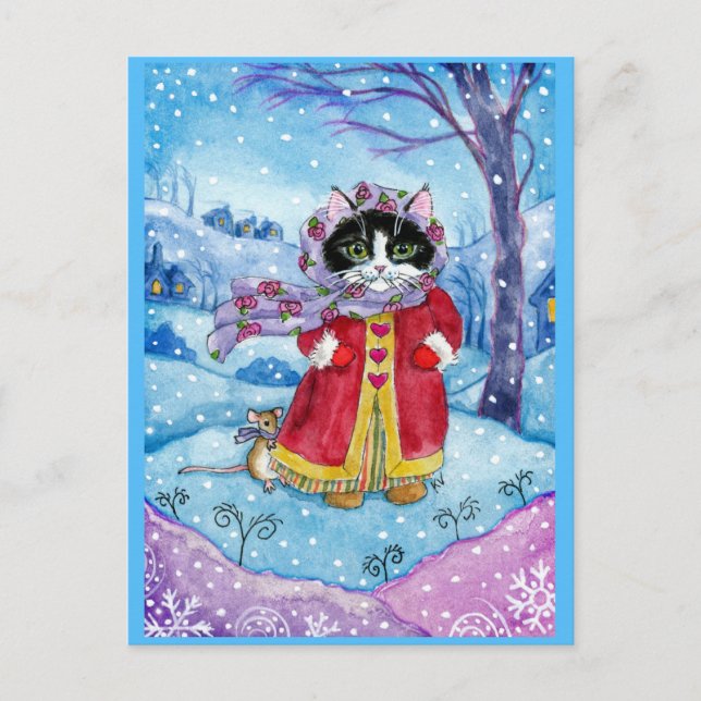 Cute Cat Mouse Winter Valentine's Day postcard (Front)