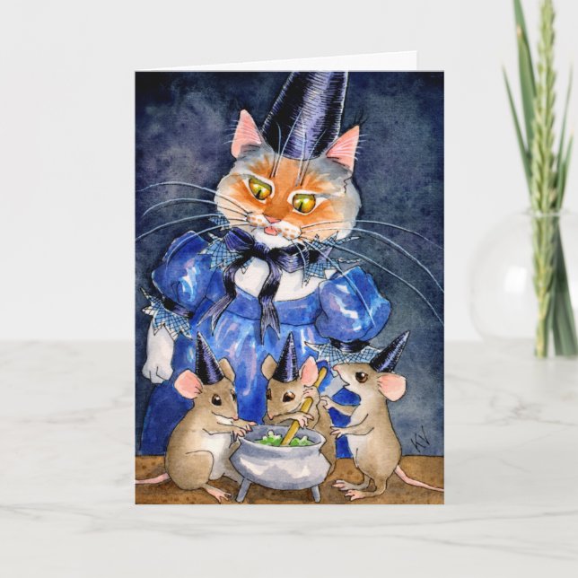Cute cat mouse witch cauldron Halloween card (Front)
