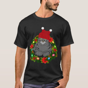 Cute Cat Mum Dad Holiday Wreath with Lights Funny T-Shirt
