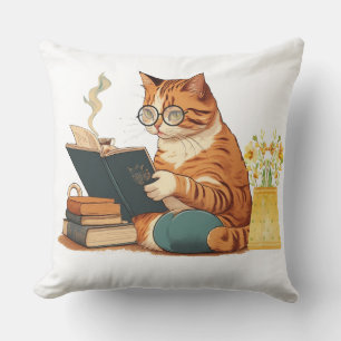 cute cat mum reading a book and drinking coffee cushion