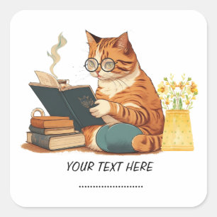 cute cat mum reading a book and drinking coffee square sticker