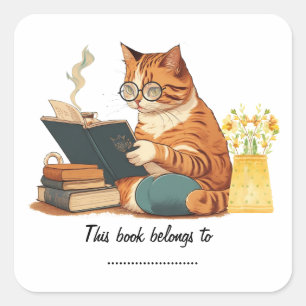 cute cat mum reading a book and drinking coffee square sticker
