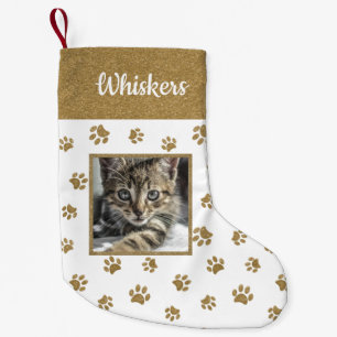 Cute Cat Name Photo Gold Glitter Paw Prints Small Christmas Stocking