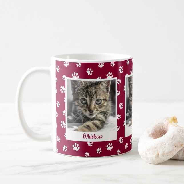 Cute Cat Name & Photo Red and White Paw Prints Coffee Mug (With Donut)