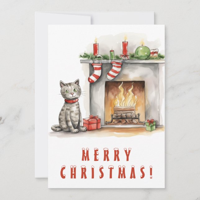 Cute Cat near Fireplace Merry Christmas Holiday Card (Front)