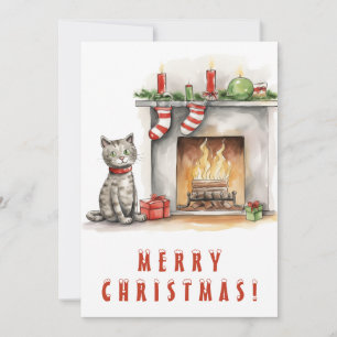 Cute Cat near Fireplace Merry Christmas Holiday Card