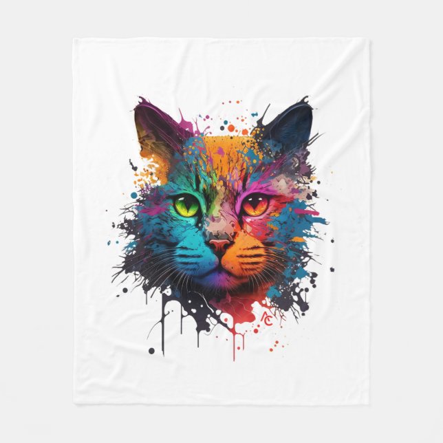 Cute Cat Neon Ink Splash Fleece Blanket (Front)