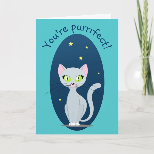 Cute Cat night sky Cartoon Funny text Custom colou Card (Front)