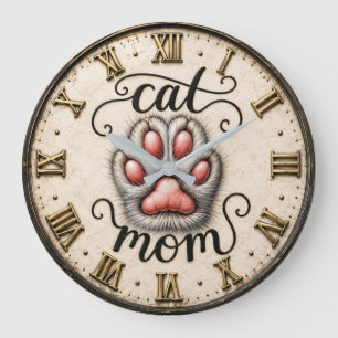 Cute Cat Nom Paw Print Rustic Large Clock