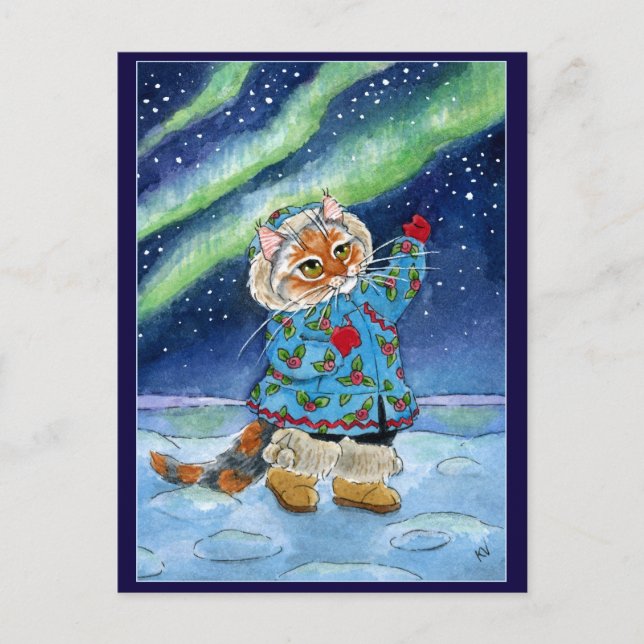 Cute cat, northern lights postcard (Front)