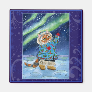 Cute cat, northern lights winter nature magnet