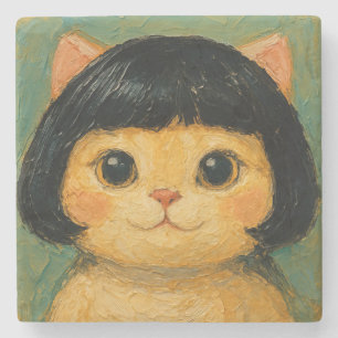 Cute Cat Oil Painting (#2) Stone Coaster