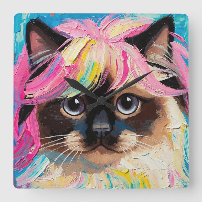 Cute Cat Oil Painting (#9) Square Wall Clock (Front)