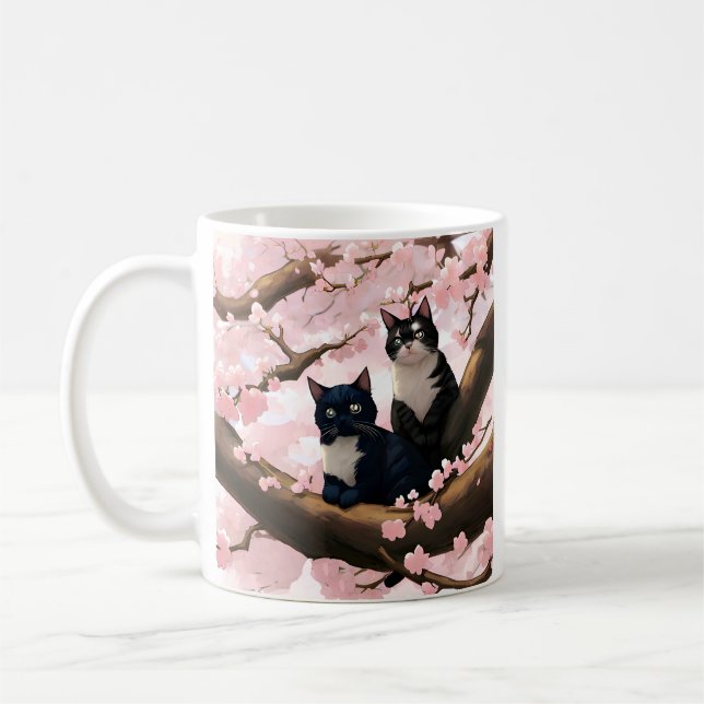 Cute Cat On A Cherry Blossom Tree Coffee Mug (Left)