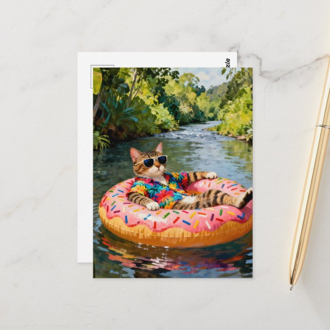 Cute Cat on a Float Trip Postcard (Front/Back In Situ)