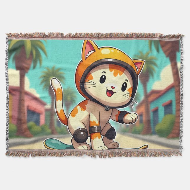 Cute cat on a skateboard throw blanket (Front)
