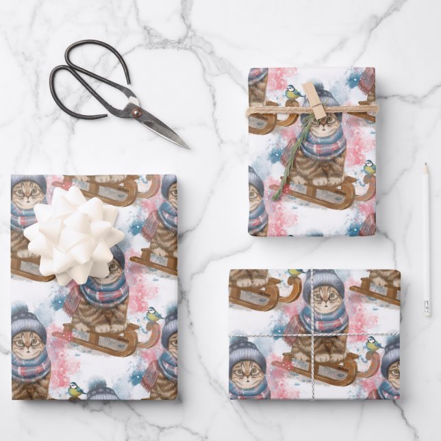Cute Cat On A Sled Wrapping Paper Sheet (Front)
