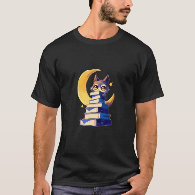 Cute Cat On A Stack Of Books In Moonlight T-Shirt (Front)
