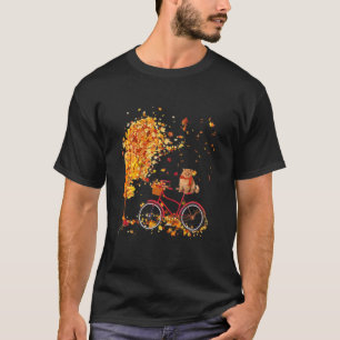 Cute Cat On Bicycle In Fall Maple Leaf Autumn Fall T-Shirt