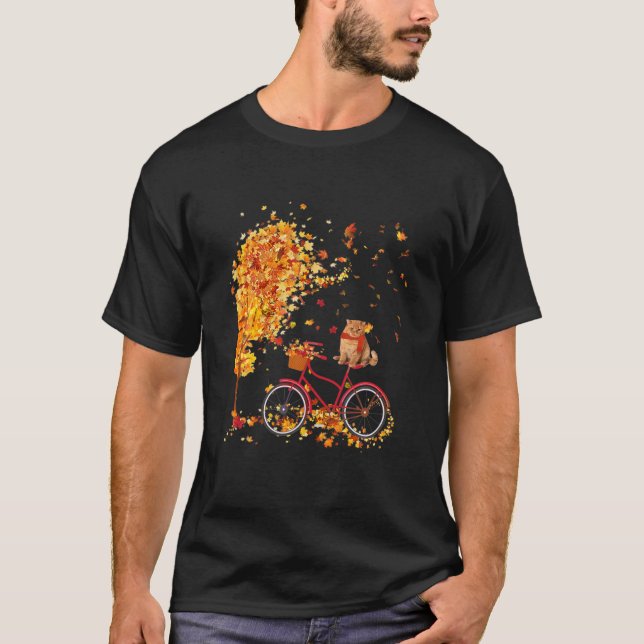Cute Cat On Bicycle In Fall Maple Leaf Autumn Fall T-Shirt (Front)