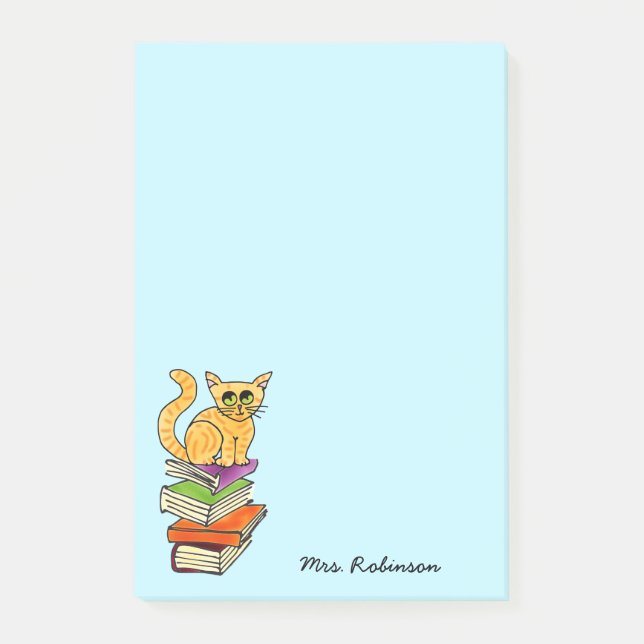 Cute Cat on Book Stack Teacher Name Aqua 4 x 6 Post-it Notes (Front)