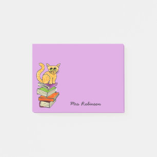 Cute Cat on Book Stack Teacher Name Purple 4 x 3 Post-it Notes