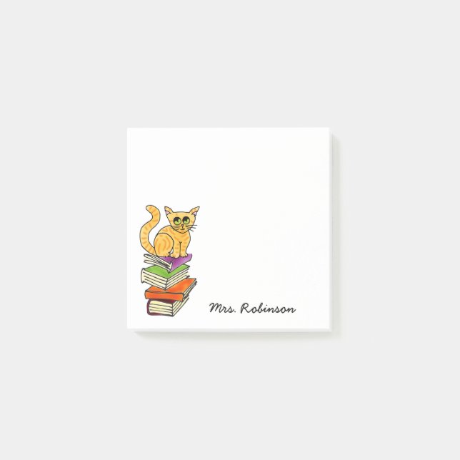 Cute Cat on Book Stack Teacher Name White 3 x 3 Post-it Notes (Front)