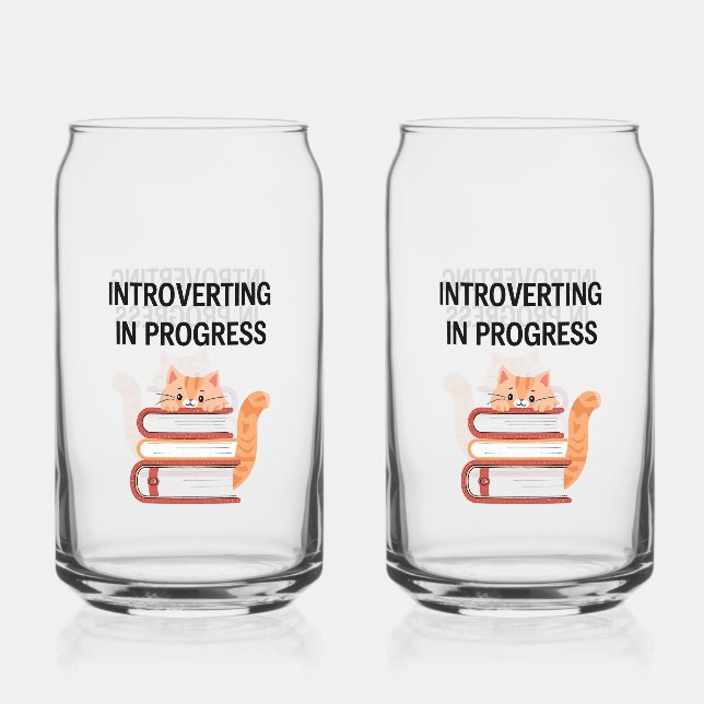 Cute Cat on Books "Introvert in Progress" Can Glass (Front)