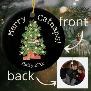 Cute Cat on Chistmas Tree Merry Catnaps! Black Ceramic Tree Decoration