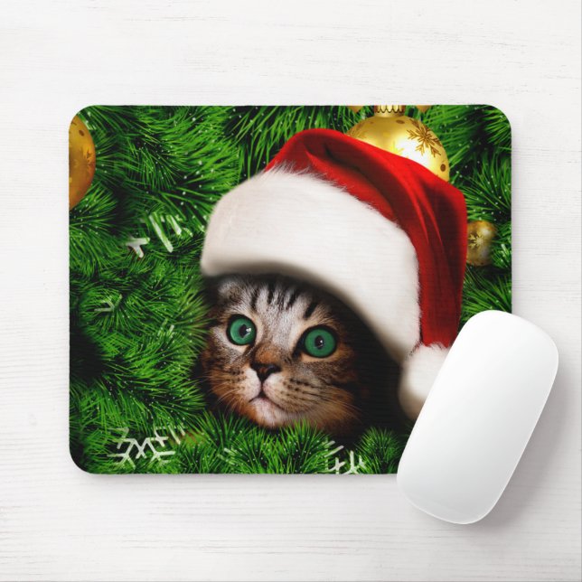 Cute Cat on Christmas tree Mouse Mat (With Mouse)
