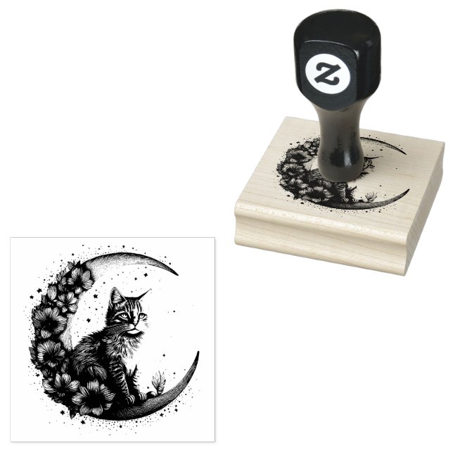 Cute cat on crescent moon rubber stamp (Stamped)