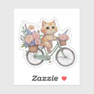 Cute Cat on Floral Bike Sticker