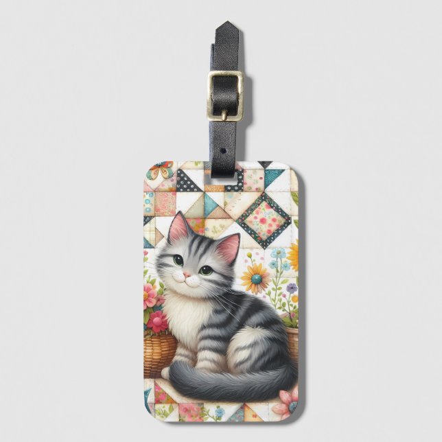 Cute Cat on Floral Quilt Cottagecore Art Luggage Tag (Front Vertical)
