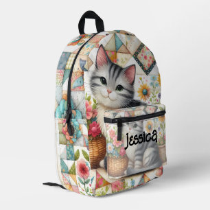 Cute Cat on Floral Quilt Cottagecore Art Printed Backpack
