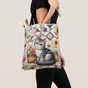 Cute Cat on Floral Quilt Cottagecore Art Tote Bag
