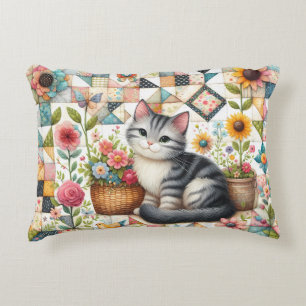 Cute Cat on Floral Quilt Cottagecore Decorative Cushion