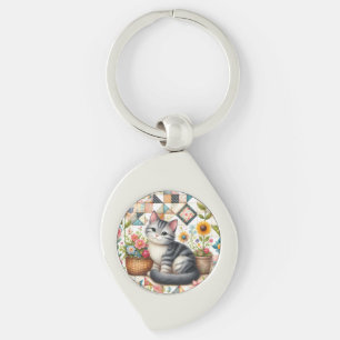 Cute Cat on Floral Quilt Cottagecore Key Ring