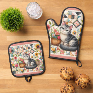 Cute Cat on Floral Quilt Cottagecore Oven Mitt & Pot Holder Set