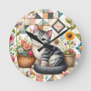 Cute Cat on Floral Quilt Cottagecore Round Clock