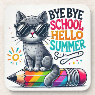 Cute Cat on Pencil Illustration Celebrating Summer Coaster