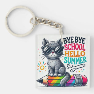 Cute Cat on Pencil Illustration Celebrating Summer Key Ring