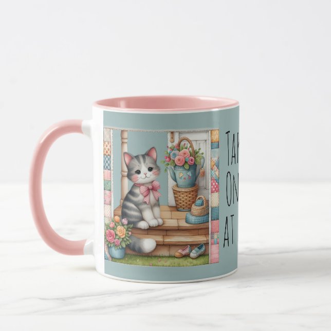 Cute Cat on Porch Flowers Patchwork Mug (Left)