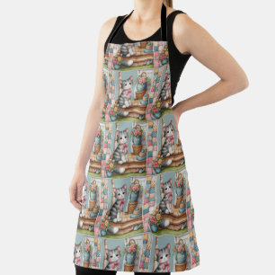 Cute Cat on Porch with Flowers & Patchwork Apron
