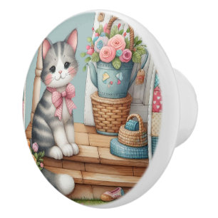 Cute Cat on Porch with Flowers & Patchwork Ceramic Knob