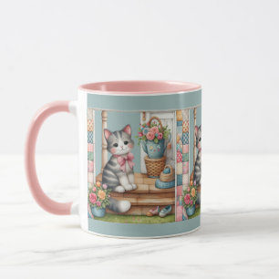 Cute Cat on Porch with Flowers & Patchwork Mug